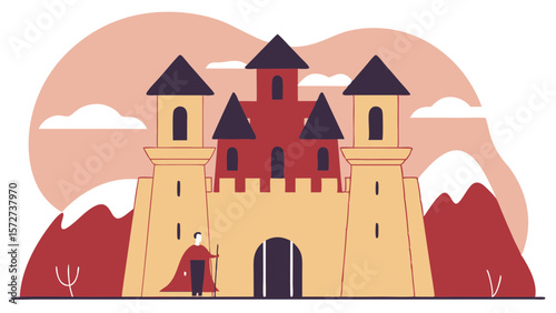 Vector Whimsical castle with towers and guard stands in front, surrounded by mountains and clouds