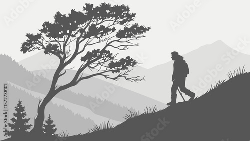 Vector Grayscale image features hiker walking along hillside with tree and mountains in background