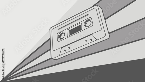 Vector Grayscale image depicts rectangular shape with cassette tape, showcasing retro design elements
