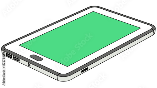 Modern digital smart or mobile phone with green screen in isometric view, mobile technology device for app design, touchscreen UI mockup, and smart connectivity.connectivity.