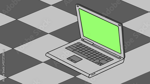 Vector Grey laptop with bright green screen sits checkered floor, creating modern and minimalistic vibe