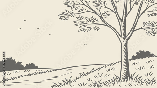 Vector Serene landscape features tree with sparse leaves, set against light beige background