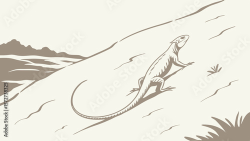 Vector Minimalist illustration depicts lizard climbing rocky surface, surrounded by serene landscape