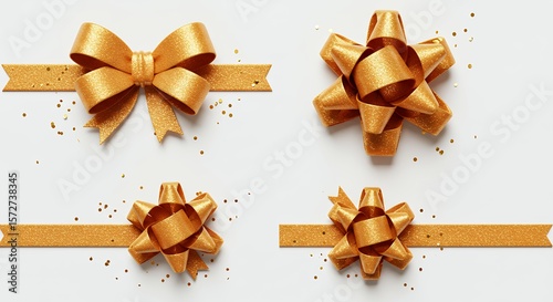 Golden gift bows on white background