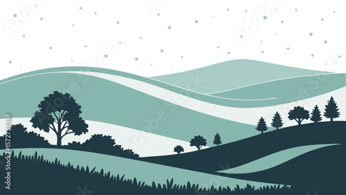 Vector Abstract landscape features soft muted green hills and trees, creating serene atmosphere