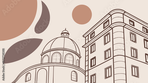 Vector Minimalist architectural illustration featuring dome and building with abstract shapes