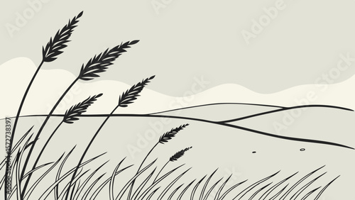 Vector Serene landscape featuring tall grass swaying gently in breeze, evoking tranquility