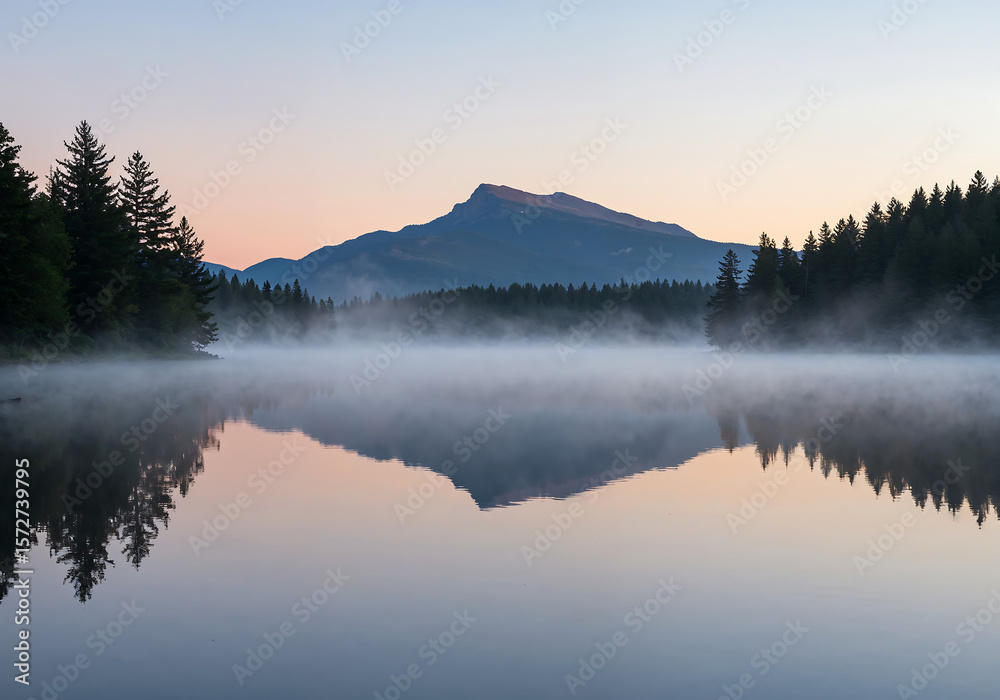 Fototapeta premium Tranquil Mountain Lake at Dawn with Misty Forest Reflections and Pastel Sunrise Sky in Serene Symmetrical Composition