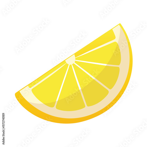 A single perfectly sliced lemon wedge with a small seed, isolated on white, for fruit, fresh, citrus, or healthy drinks.