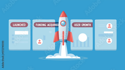 Rocket launch with launched funding acquired user growth and profile cards on a blue background shown