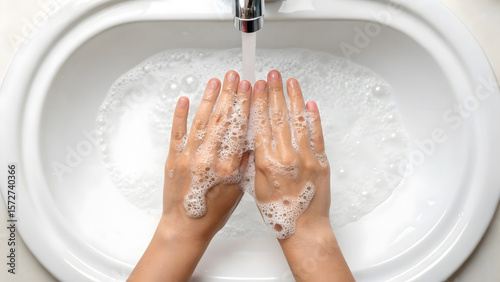 Washing hands with soap at a sink during a daily hygiene routine in a bathroom setting