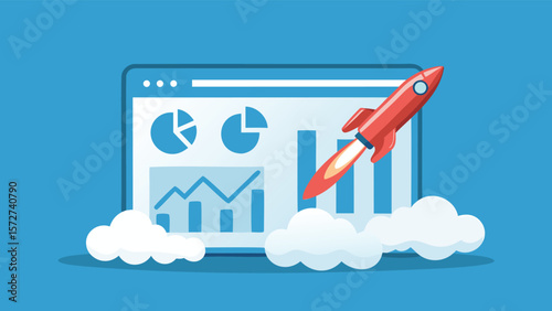 Rocket launch in front of a dashboard with charts and graphs on a blue background and white clouds below