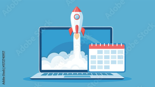 Laptop with a rocket launching from the screen and a calendar next to it on a blue background