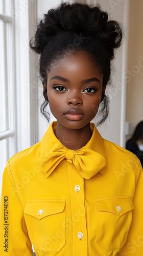 A young woman with a sophisticated updo and a vibrant yellow top