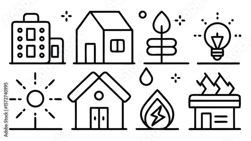 Building sun light bulb fire house energy symbols vector