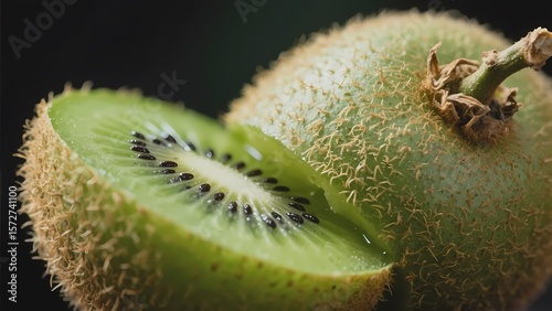 Fresh green kiwis, one sliced to show juicy flesh and seeds, highlighting fruit freshness.