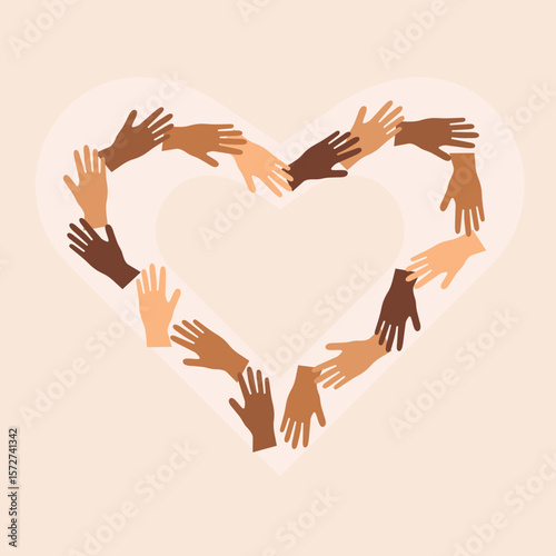 Heart of Hands. Diverse hands in heart shape. A heart formed by hands of different skin tones. Equality, kindness and tolerance.