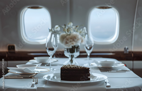 Luxurious seats and tableware on the plane