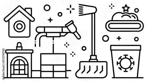 House cleaning tools and virus symbol spray gun