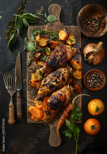 The sliced meat on the wooden board