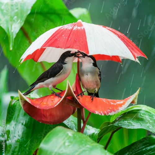 Two birds sharing food under a red and white umbrella in the rain