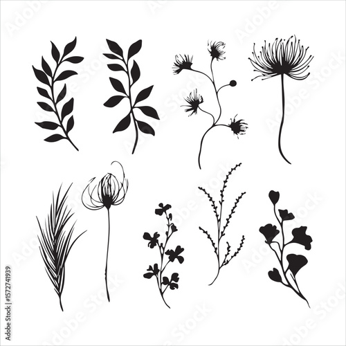 Minimal Botanical Silhouette Vector Set – Elegant Black Floral Elements on Textured Background