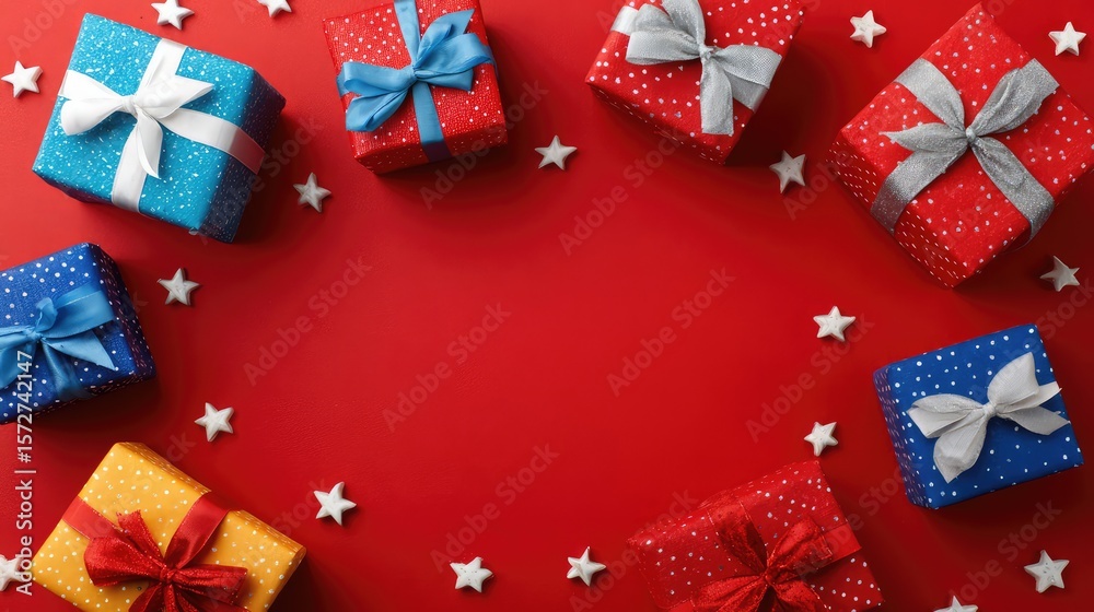 Fototapeta premium Bright and colorful wrapped presents peeking from bottom of red background, stars and ribbons scattered around