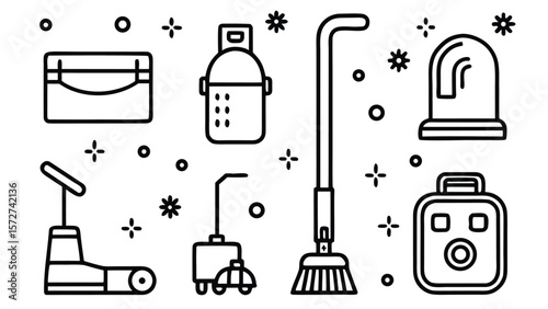 Cleaning supplies and equipment icons broom