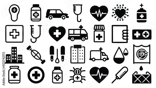 Medical symbols and healthcare icons collection black and white