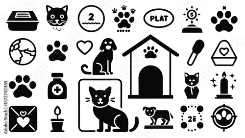 Cat dog paw print house heart envelope candle medicine bottle globe money symbol vector