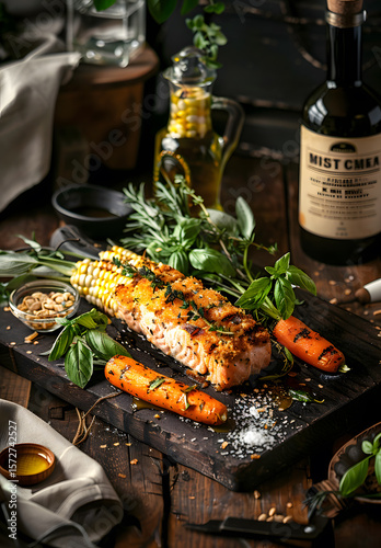 The sliced meat on the wooden board