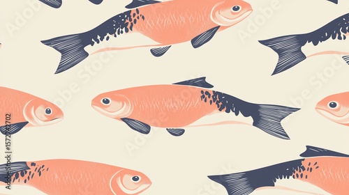 Seamless Pattern of Stylish Graphic Fish Illustration for Textile Design