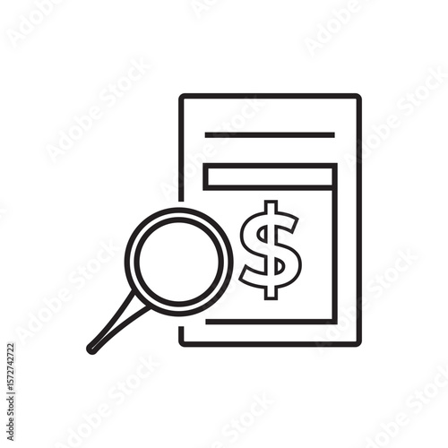 Line icon of a financial document with a dollar sign and magnifying glass, representing audit, financial review, expense tracking, money inspection, or financial analysis.
