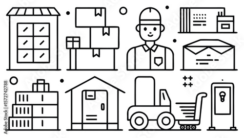 Warehouse worker with forklift and delivery items boxes