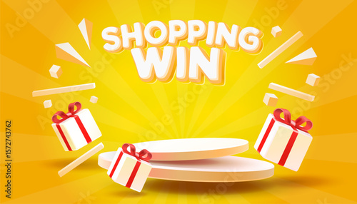 Shopping win podium, shop mega discount, special gift. Vector illustration