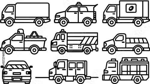 Diverse vehicles collection black line art truck pickup truck