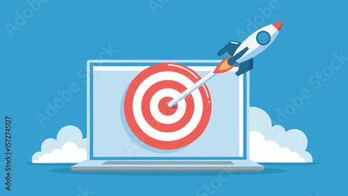 Illustration of a laptop displaying a target with a rocket flying towards the center of the target