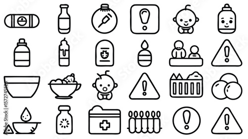 Baby care medical health and safety icons bottle medicine