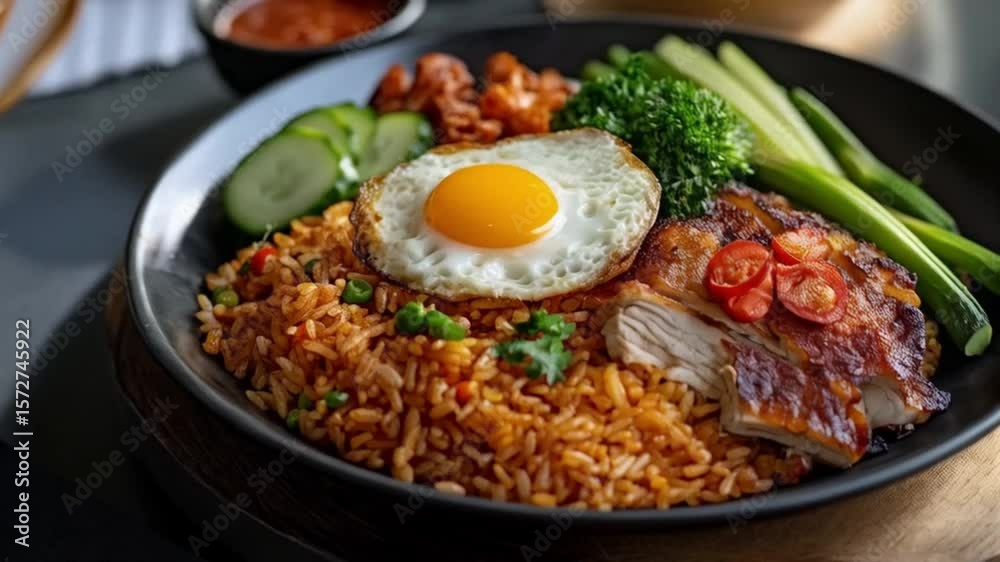 Delicious Nasi Goreng with Chicken, Egg, and Fresh Vegetables
Delicious Nasi Goreng with Chicken, Egg, and Fresh Vegetables