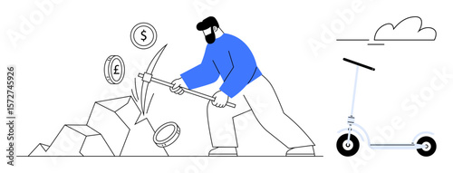 Individual breaking rocks to reveal coins depicting currency signs with a pickaxe. Nearby a scooter and cloud highlight mobility. Ideal for economy, work, finance, cryptocurrency, business