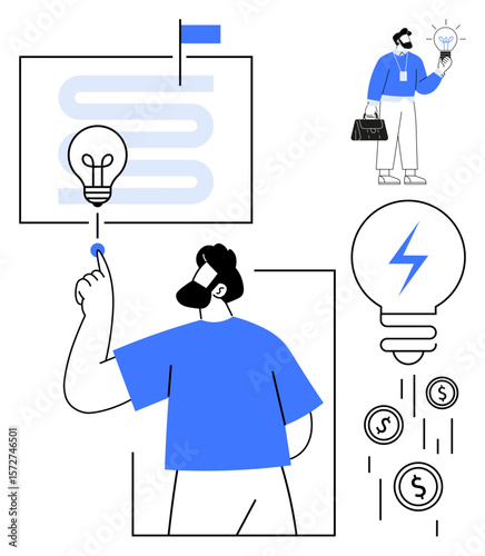 Man activating light bulb, coins below powered idea, flowchart in background, another figure holding idea. Ideal for innovation, creativity, business, success, startups strategy brainstorming