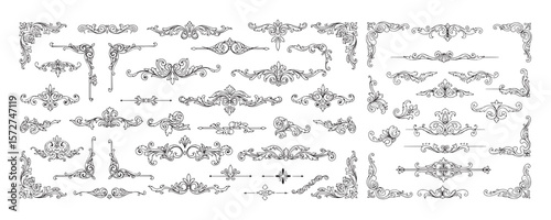 Decorative horizontal floral elements Vector set, corners, borders, frame and cartouches. Historical and decorative style of Baroque. Hand drawn sketches, engraving style. Page decoration.