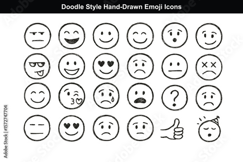 Doodle Style Hand-Drawn Emoji Icons in Black Line Art