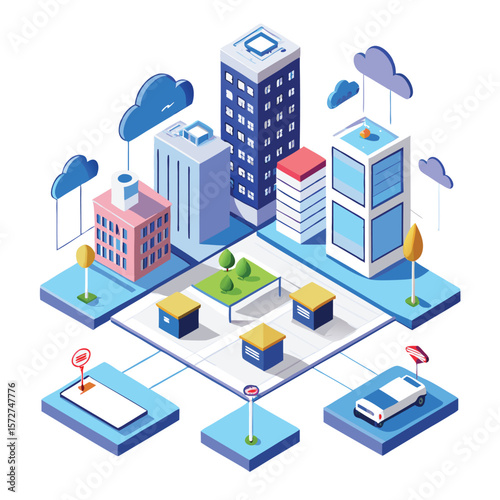 A smart city grid with interconnected buildings, on a plain white surface, for urban planning, technology, or future cities.