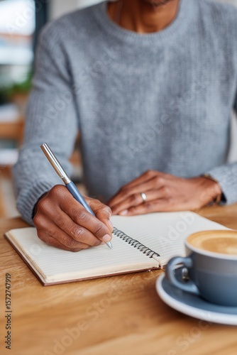 A person in a cozy cafe writes in a notebook, creating a relaxed and focused atmosphere. Ideal for concepts of creativity, journaling, or study.