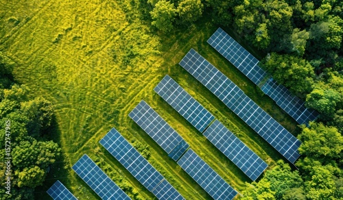 Aerial Perspective: Solar Panels Seamlessly Integrated into Lush Green Landscape