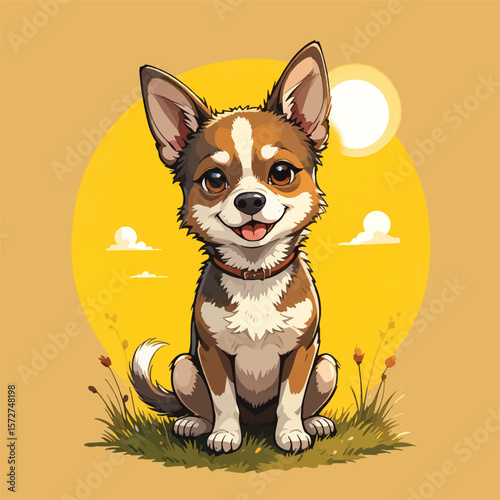 Adorable Cartoon Dog Sitting in Sunny Meadow, A cheerful cartoon dog, likely a Chihuahua mix, sits in a field of grass under a bright sun.