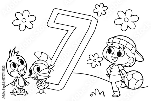 Vector line art of the numberfigure 7 with fun cartoon characters, black and white, designed for coloring page use, easy for preschool kids
