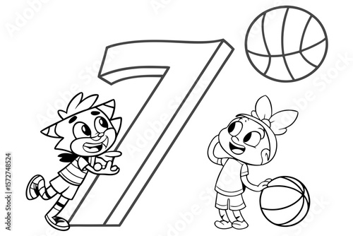 Vector line art of the numberfigure 7 with fun cartoon characters, black and white, designed for coloring page use, easy for preschool kids