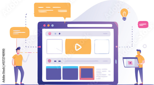 Illustration of a webpage design with two people and an idea lightbulb and speech bubbles near it